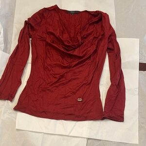 GUCCI Cowl Neck Top: Red Burgundy With Gold GG Brooch SMALL